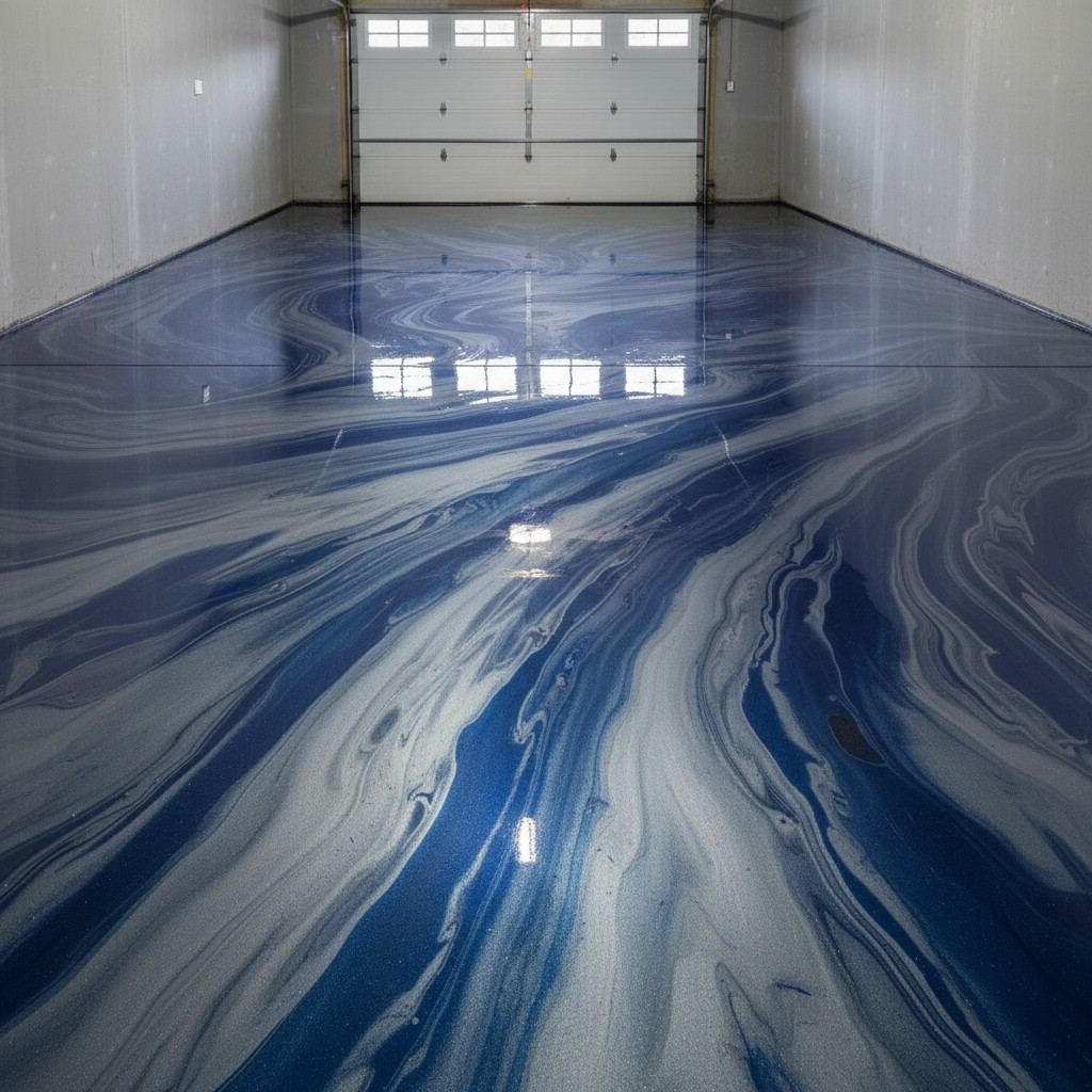Glossy metallic epoxy floor with marbled depth after coating, Boise Idaho