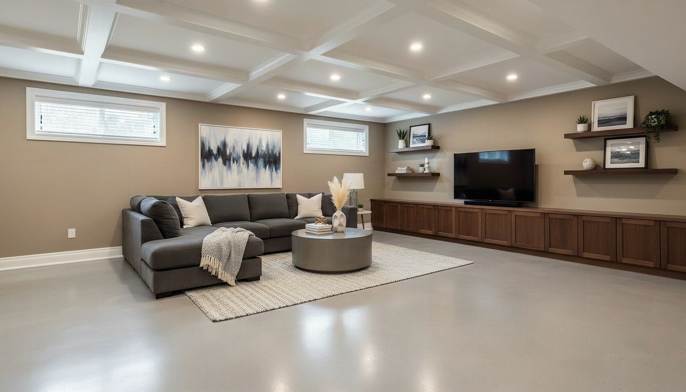 A finished basement living room in a Boise home with a light gray epoxy-coated concrete floor, sectional sofa, area rug and wall-mounted TV