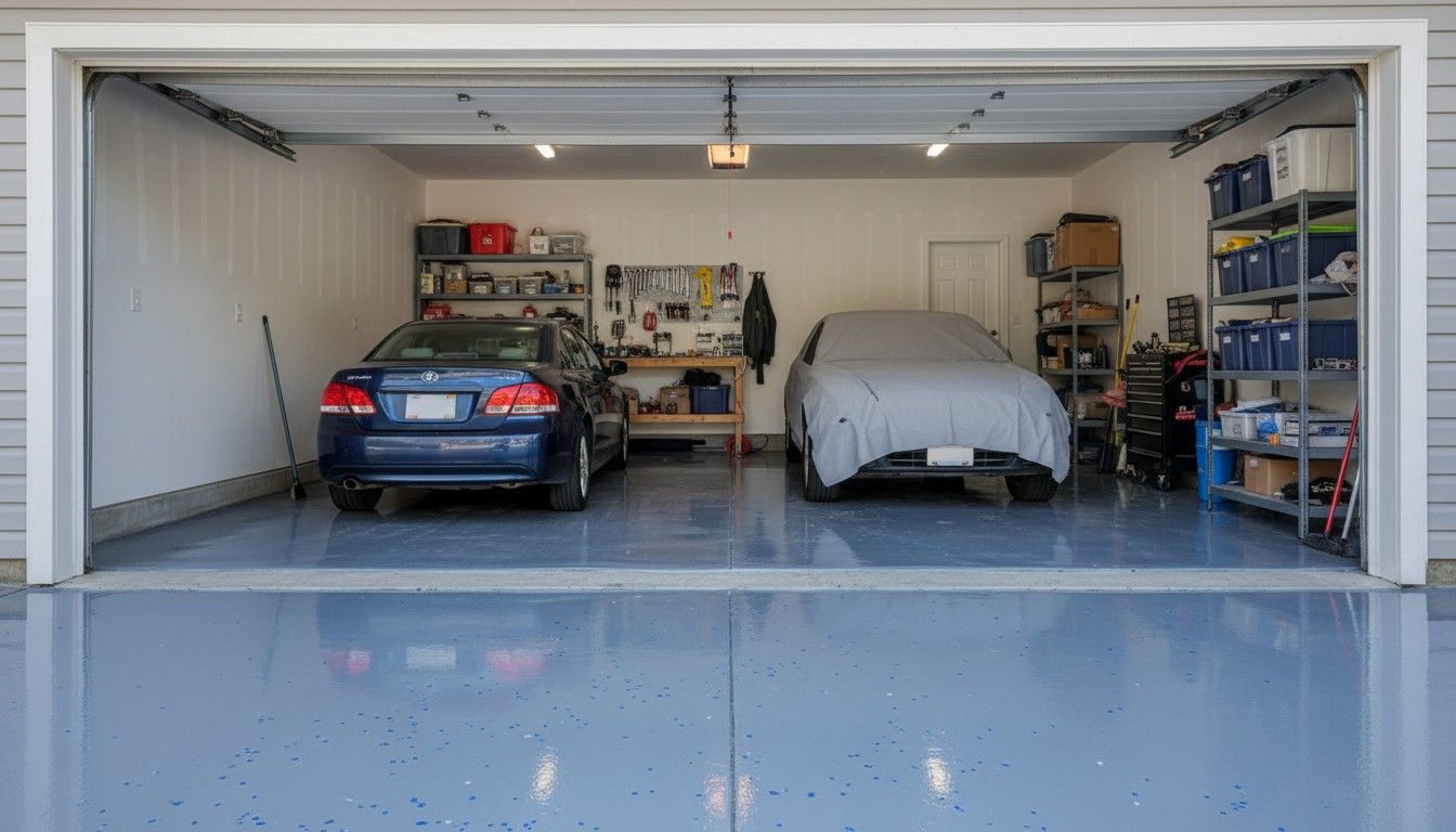 Two-car garage with a finished gray flake epoxy floor and the door open, illustrative example