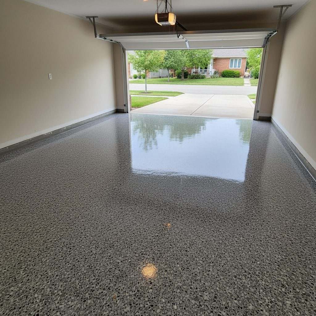 Professionally installed flake epoxy garage floor with a high gloss finish, illustrative example